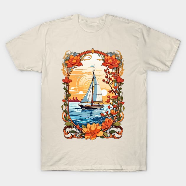 Sailing boat at sunset retro vintage floral design T-Shirt by Neon City Bazaar